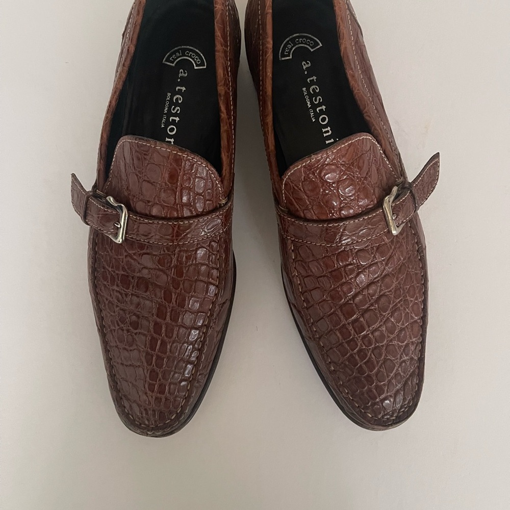 A. Testoni Crocodile Brown Loafers